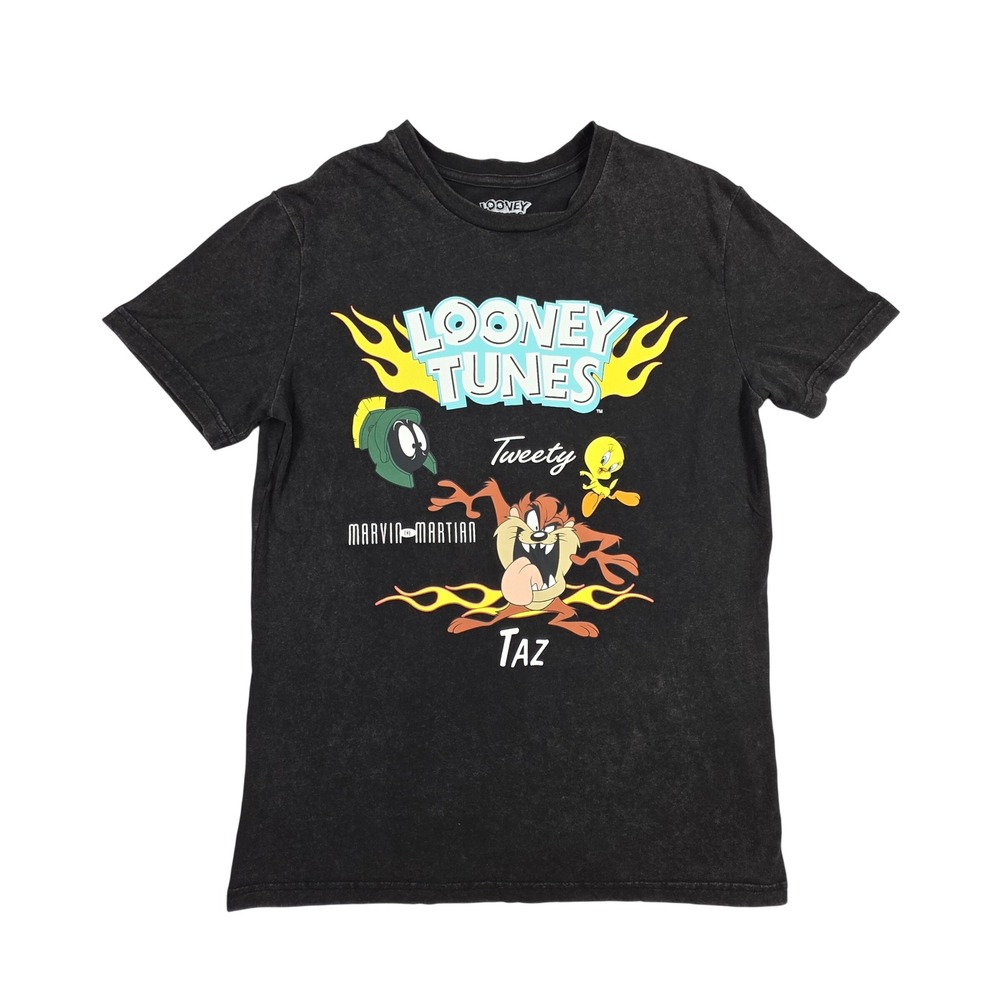 Looney Tunes Graphic T-Shirt Mens Medium Black Acid Wash Taz Bugs Bunny Daffy